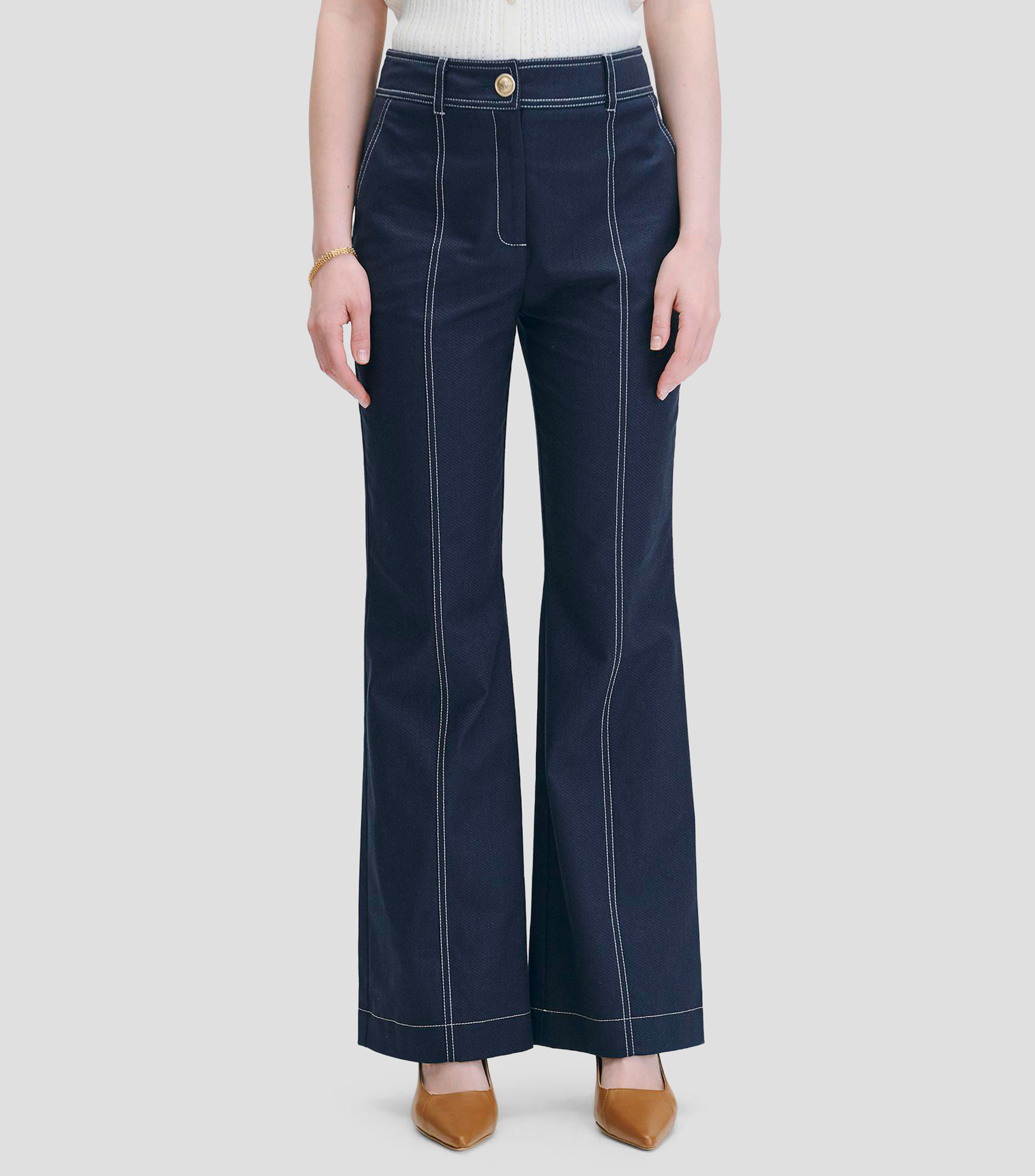 Pantalón Acampanado Tiro Alto Tipo Denim Mujer